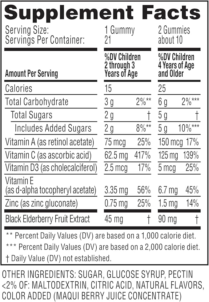 Zarbee's Elderberry Gummies for Kids with Vitamin C; Zinc & Elderberry; Daily Childrens Immune Support Vitamins Gummy for Children Ages 2 and Up; Natural Berry Flavor; 21 Count