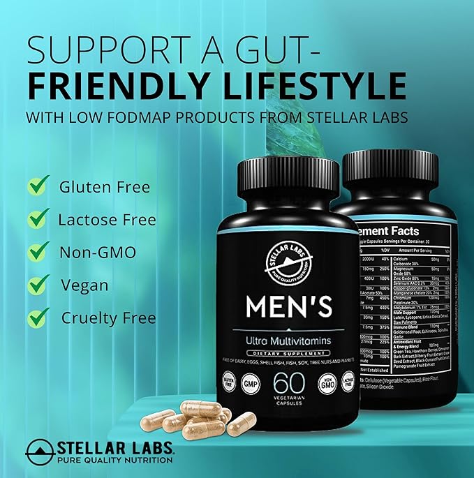 Stellar Labs Men's Low FODMAP Vegan Daily Multivitamin, No Iron | Easy On Sensitive Stomachs, Easy to Swallow Vitamins | Immune Support, Antioxidant Energy Blend, Male Support | IBS Friendly Capsules