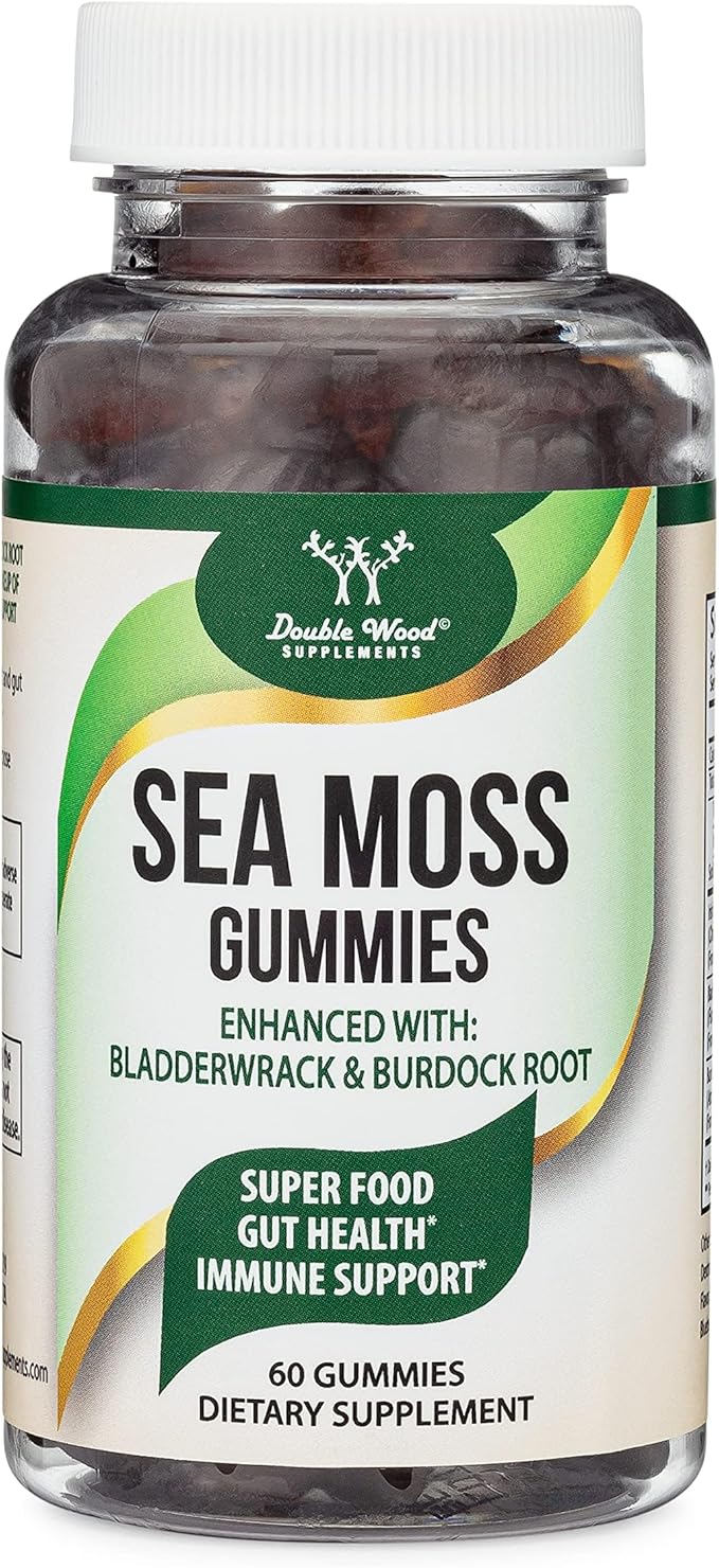 Sea Moss Gummies for Adults Max Strength 3,000mg (60 Irish Sea Moss Gel Gummies Enhanced with Bladderwrack and Burdock Root) Superfood Gummies for Immune Support (Non-GMO, Gluten Free) by Double Wood