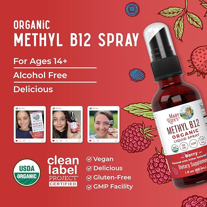 MaryRuth's Vitamin B12 Liquid Spray | Vegan, Non-GMO, Gluten-Free | USDA Organic B12 Vitamin Supplement | Energy & Nervous System Support | B12 Vitamins for Women & Men | VIT b12 1,500 mcg | 1 Fl Oz