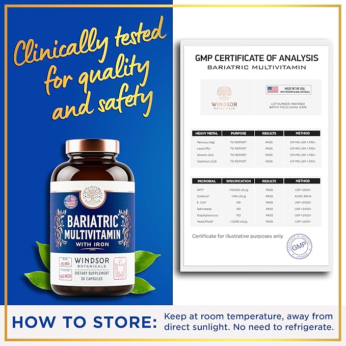Bariatric Multivitamin with Iron - 45mg Iron Easy to Swallow, One a Day Bariatric Vitamins for Women and Men - Gastric Bypass, Gastric Sleeve Recovery - Bariatric Iron Vitamin Multivitamins - 30 Caps