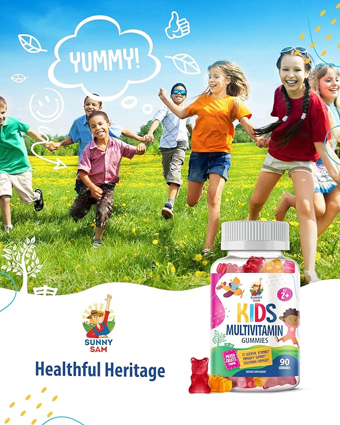 SUNNY SAM Kids Multivitamin Gummies - 90 Chewable Vitamins - Daily Supplement with 14 Essential Vitamins for Ages 2 and Above - Includes Vitamin A, C, D, E, Vegetarian B6 and B12, Zinc, Biotin
