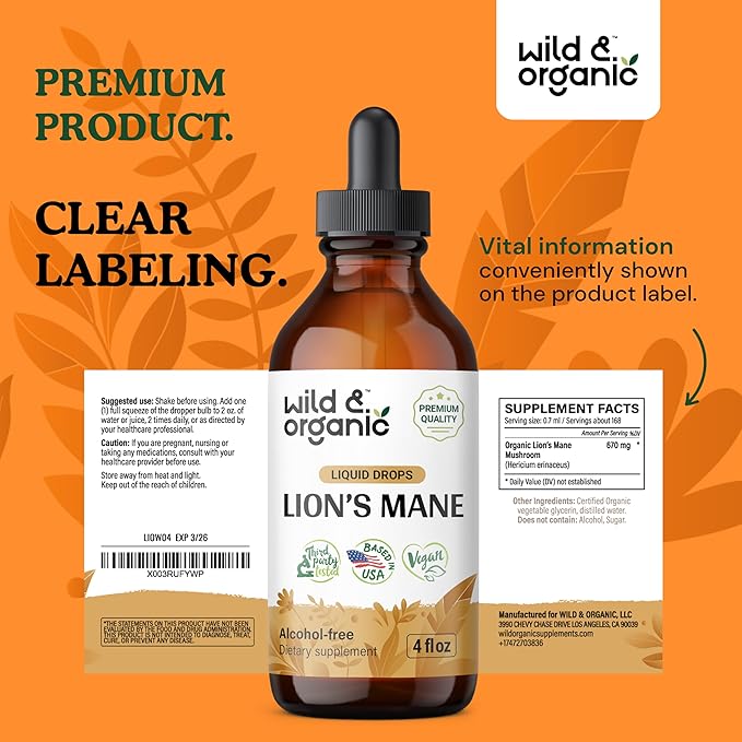 Wild & Organic Lion's Mane Tincture - Brain Supplements for Focus - Lions Mane Liquid for Brain - Lion's Mane Mushroom Supplement - Mushroom Drops for Brain Health Support - Lions Mane Supplement 4 oz