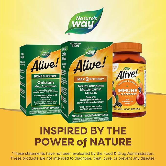 Nature's Way Alive! Max3 Potency Adult Complete Multivitamin, High Potency B-Vitamins to Support Energy Metabolism*, with Methylated B12 and Folate, No Added Iron, 90 Tablets (Packaging May Vary)