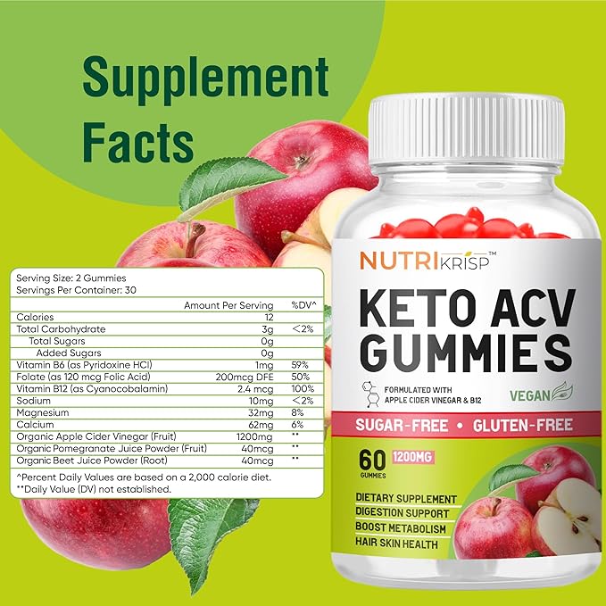 Keto ACV Gummy - Sugar-Free Gluten Free Pro Active Super Apple Cider Vinegar Supplement for Men Women - Support Digestion Hair Skin (1200MG)