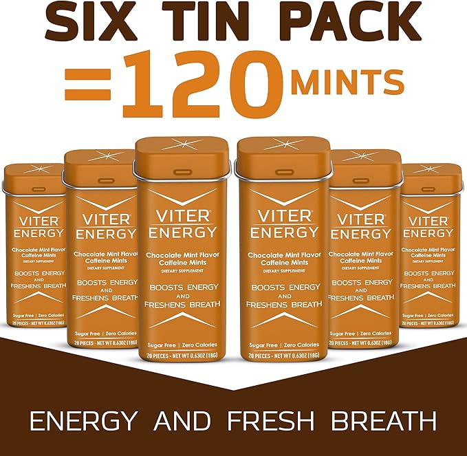 Viter Energy Caffeinated Mints 40mg Caffeine, B Vitamins, Sugar Free. (Chocolate Mint, 20pcs, 6 Pack)
