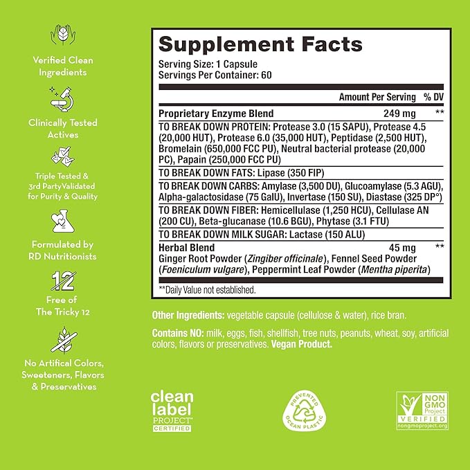 HUM Flatter Me Digestive Enzymes Bloating Supplement - Fast-Acting Bloat Relief for Digestive Health & Debloating Multi Enzyme | Bloat Pills, Anti Bloat Pills, Vegan 60 Servings