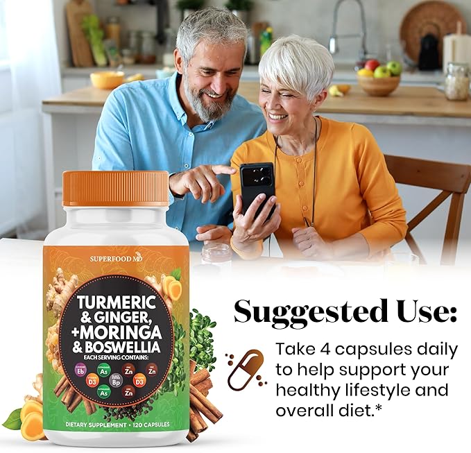 Turmeric Moringa Supplement | Ginger, Boswellia, Saffron, Holy Basil- Joint Support Supplement for Women and Men with Ceylon Cinnamon, Quercetin, Tart Cherry- 240 Count
