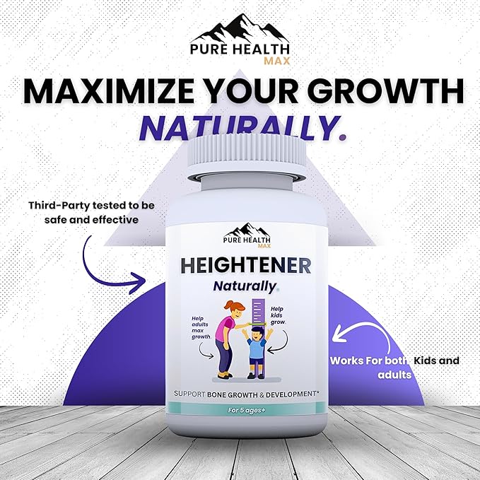 Heightener - Natural Height Growth Supplement for Kids, Teens and Adults to Increase Bone Strength and Grow Taller | Height Maximizer Pills with L-Arginine, Calcium & Zinc | 60 Capsules