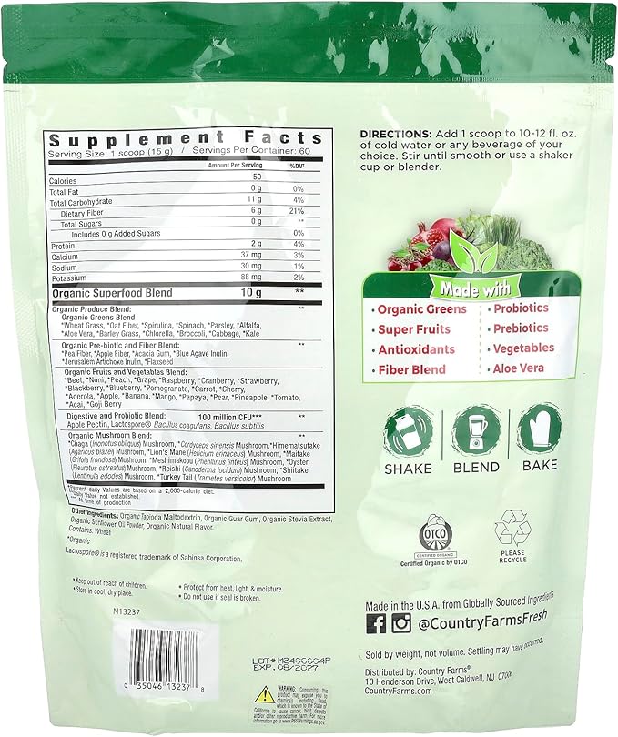 COUNTRY FARMS Super Greens Natural Flavor, 50 Organic Super Foods, USDA Organic Drink Mix, Fruits, Vegetables, Super Greens, with Fiber, Mushrooms & Probiotics, Supports Energy, 60 Servings, 900g