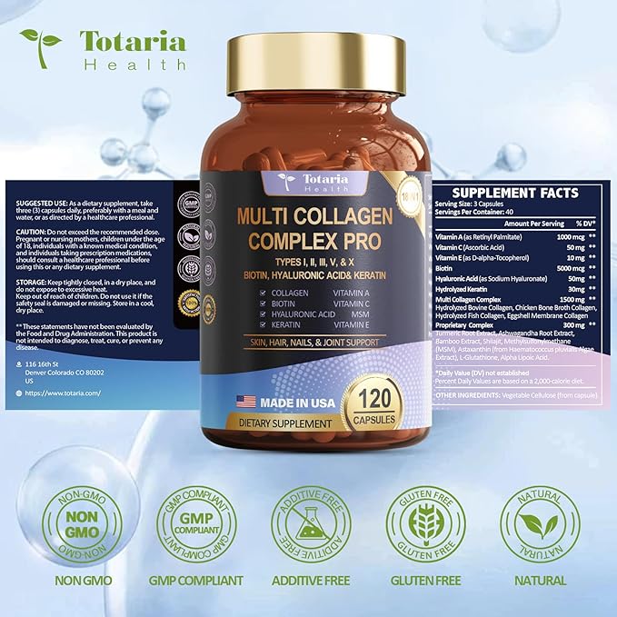 18-in-1 Collagen Pro with Hyaluronic Aicd, Keratin, Biotin, VIT A C & E for Skin, Hair, Nails, Joint & Beauty - Multi Collagen Peptides Capsules with Type I II III V & X for Women & Men - 120 Caps