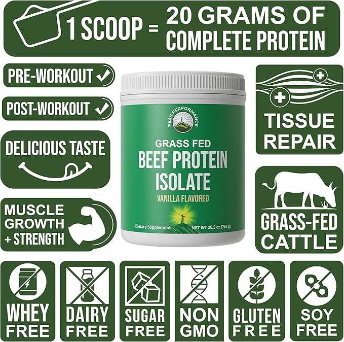 Grass Fed Beef Protein Powder - Lactose Free Great Tasting Beef Protein Isolate. Complete Animal Based Non Dairy Paleo Carnivore Protein Supplement for Prime Muscle Building. No Whey. Vanilla Flavor