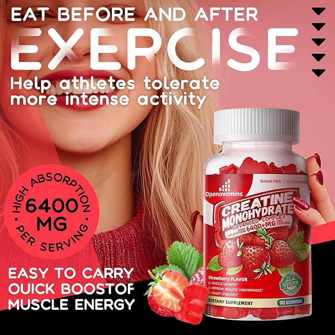 Creatine Monohydrate Gummies Complex 6400mg for Men & Women -Advanced Formula W/L-Taurine + Vitamin B12, Sugar Free Chewable Supplement,90 Strawberry Gummies