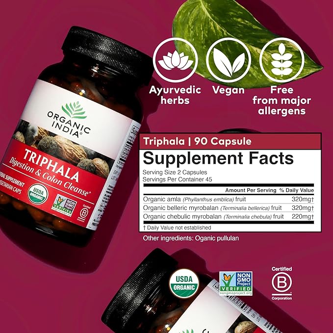 ORGANIC INDIA Triphala Capsules Organic - Herbal Supplement with Amla, Bibhitaki, Haritaki, Digestion & Colon Support, Immune System Support, Adaptogen, Vegan, USDA Certified Organic - 90 Capsules