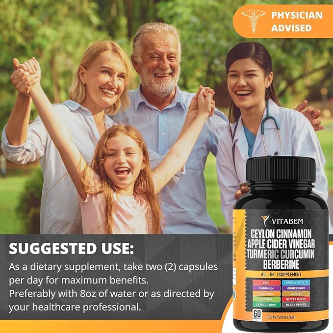 Ceylon Cinnamon Capsules 3000mg Turmeric 3000mg Apple Cider Vinegar 3000mg Ginseng 2000mg Aloe Vera 2000mg Berberine Supplement 1200mg + Banaba | Bitter Melon | Ginger Root - 60 Count (Pack of 2)