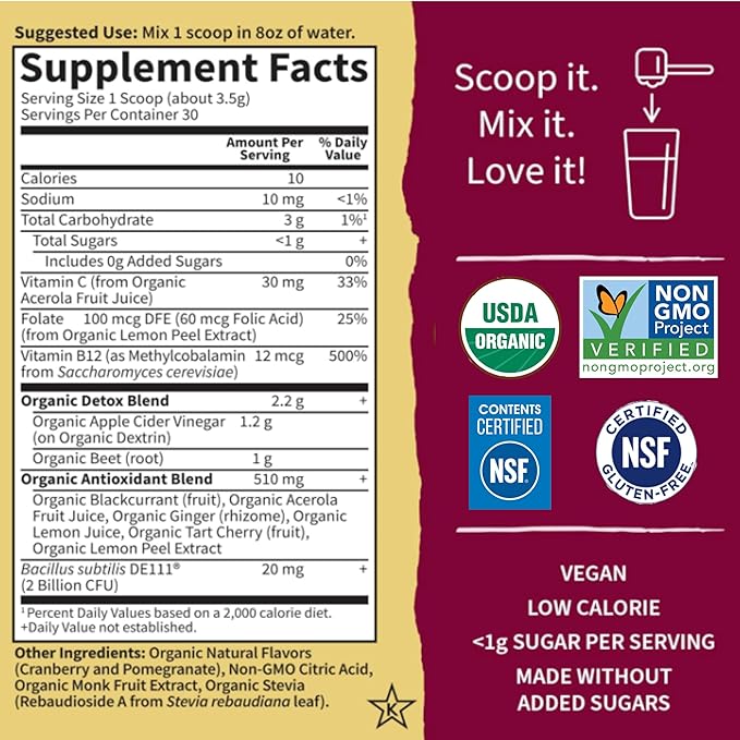 Garden of Life Organic Beet Root Powder with Antioxidants, Vitamin C, Probiotics & Apple Cider Vinegar for Digestive & Liver Health – Beets Detox – Vegan, Non GMO, Cranberry Pomegranate, 30 Servings