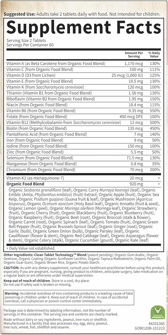 Garden of Life Organics Multivitamin for Women, Womens Multi with Vitamin C, D, Folate, B6, B12, Biotin, Iron, Vegan Whole Food Vitamins for Women, Energy, Skin, Nails, 120 Tablets
