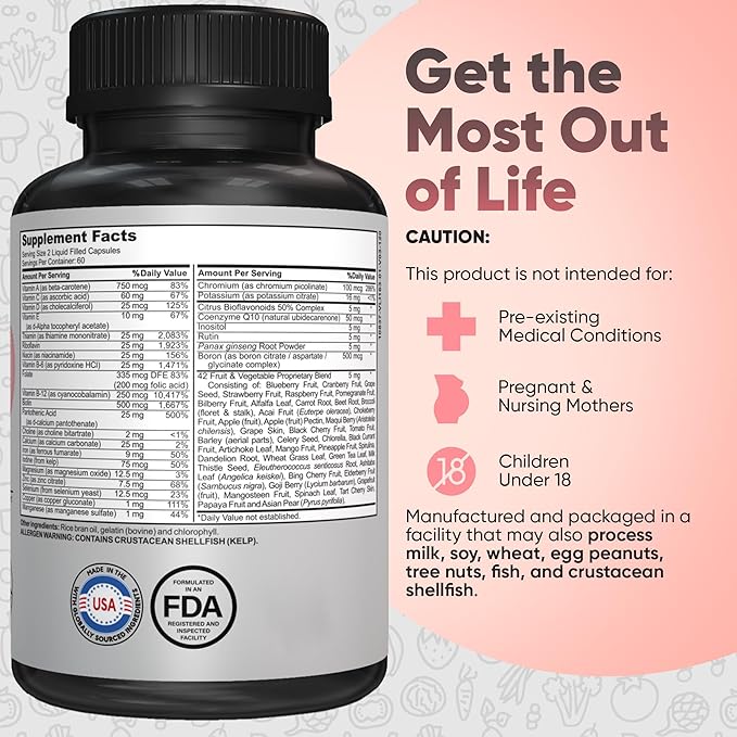 Bariatric Multivitamin with Iron - Easy-to-Swallow Capsule for Post Bariatric Surgery - Post Sleeve and Post Bypass with 42 Fruit & Veggies Blend - 60 Liquid Capsules - 1 Months’ Supply