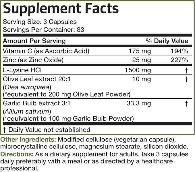 Bronson L-Lysine Defense Immune Support Complex 1500 MG L-Lysine Plus Olive Leaf, Garlic, Vitamin C and Zinc - Non-GMO, 250 Vegetarian Capsules