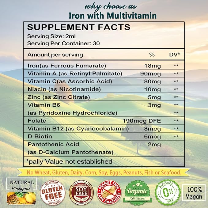 Iron Supplement for Women Men & Kids, Iron Vitamin C, A, B-Complex, Vegan Iron Drops High Potency Liquid Vitamin & Iron Supplements for Anemia, Red Blood Cell, Energy, Blood Builder, Gentle Iron