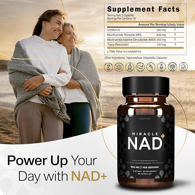 Miracle NAD with Urolithin A Supplement, Nicotinamide Adenine Dinucleotide NAD+, Nicotinamide Riboside NR, Trans Resveratrol for Men and Women - Anti Aging, Cellular Energy - 60 Capsules