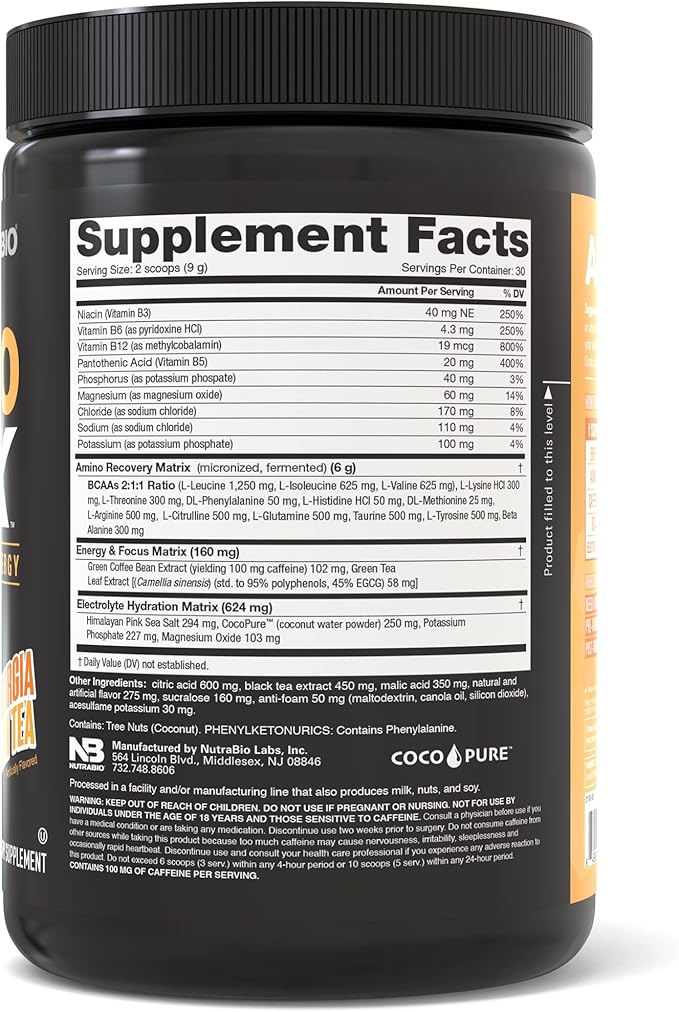 NutraBio Amino Kick - Amino Acid Energy Formula - BCAA's, Electrolytes for Hydration, Natural Caffeine- 30 Servings (Georgia Peach Tea)