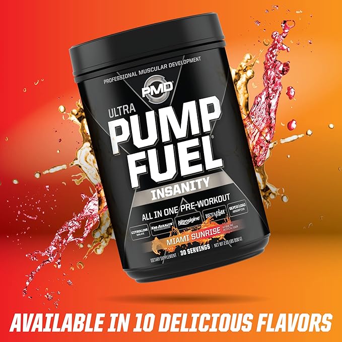 PMD Sports Ultra Pump Fuel Insanity - Pre Workout Drink Mix for Energy, Strength, Endurance, Recovery - Complex Carbohydrates and Amino Energy - Miami Sunrise (30 Servings)