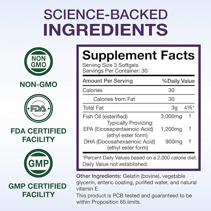 Wild Caught Omega 3 Fish Oil 3000mg - Triple Strength Burpless DHA 900mg + EPA 1200mg Non-GMO - Enteric Coated with No Aftertaste - LMB (90 Soft Gels)