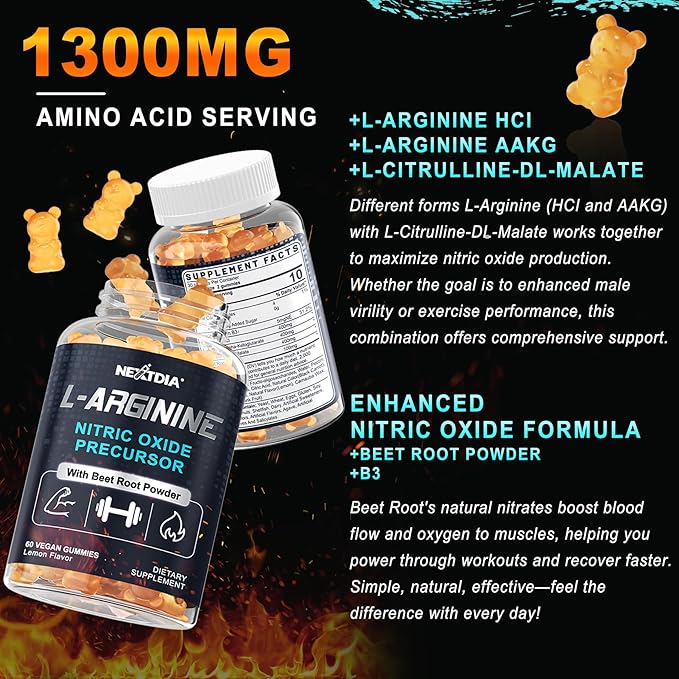 Sugar Free L Arginine Nitric Oxide Gummies 1300mg for Men & Women with L Citrulline, Beet Root, B3 | L Arginine L Citrulline Supplements for Performance, Muscle Growth & Recovery | Vegan, 60 Counts