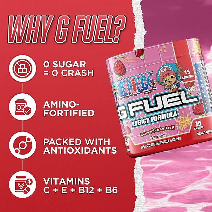 G Fuel ONE Piece Human-Human Energy Drink Powder, Pre Workout Caffeine Powder, Energy Powder Drink Mix for Gaming, Sugar Free Focus Amino, Vitamin + Antioxidants, 3.7oz (Cotton Candy, 15 Servings)