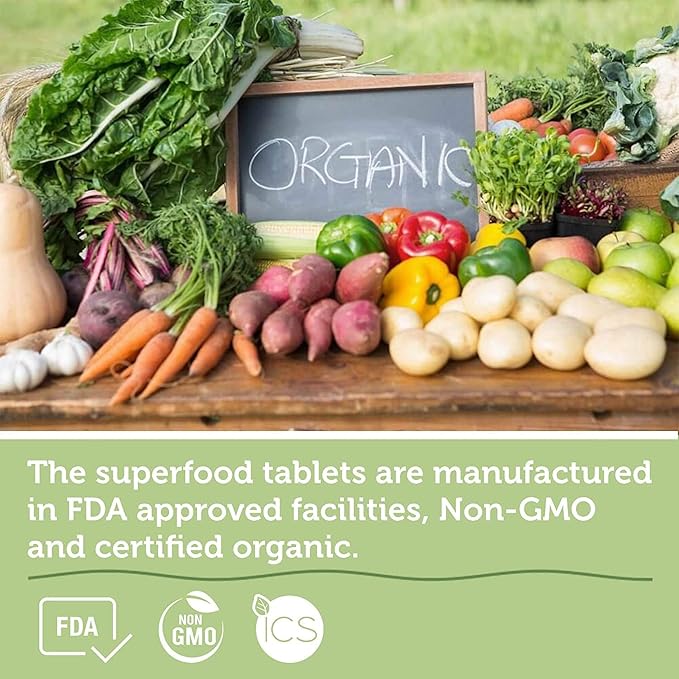 Organic Superfood Greens Fruits and Veggies Complex - Best Dietary Supplement with 14 Greens and 14 Fruits & Vegetables with Alfalfa Rich in Antioxidants Organic Ingredients Non-GMO 240 Tablets