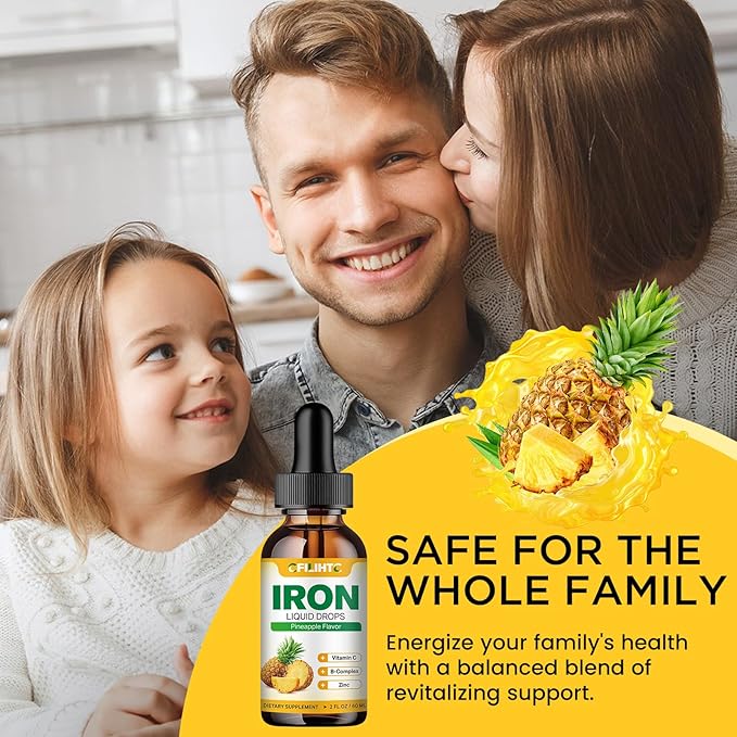 Liquid Iron Supplement for Women Men & Kids Multivitamin Iron Drops with Folate, Vitamin C, B6, B12, Zinc for Anemia, Iron Deficiency, Blood Builder, Energy - Natural Pineapple Flavor, Vegan 2 Fl Oz