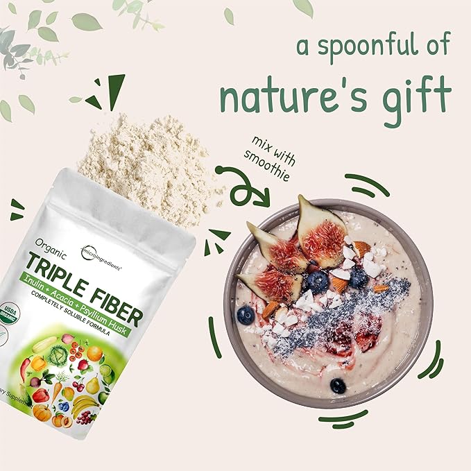 Organic Soluble Prebiotics Fiber Supplement (Inulin, Acacia, Psyllium Husk), 2 Pounds, 3 in 1 Fiber Formula, Daily Fiber, Unflavored, for Digestive Health, Hunger Control, Vegan