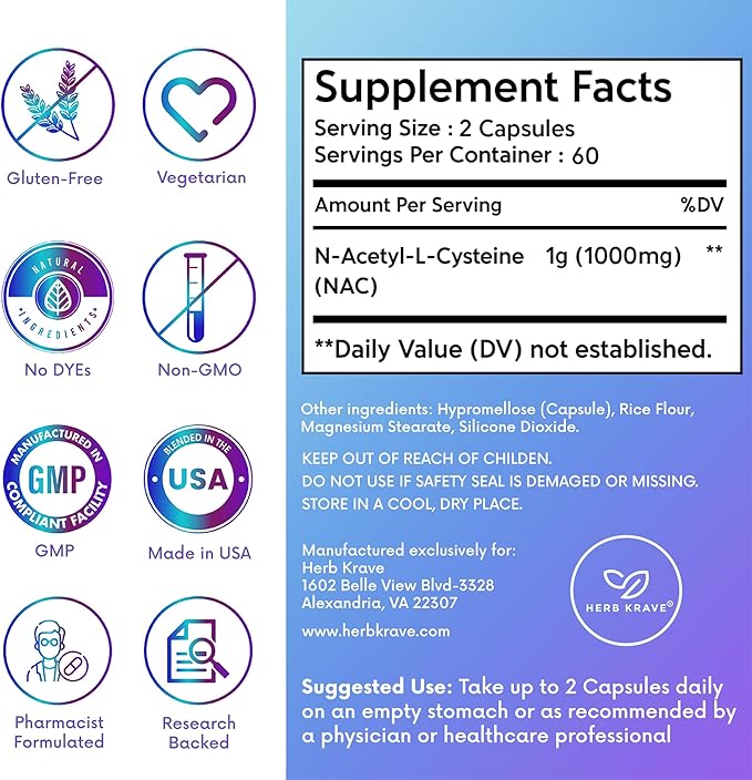 NAC Supplement N-Acetyl Cysteine 1000 mg, Amino Acid, Natural Antioxidant, Support for Liver, Lung, Immune System, Fertility | 120 N-Acetyl-L-Cysteine Capsule