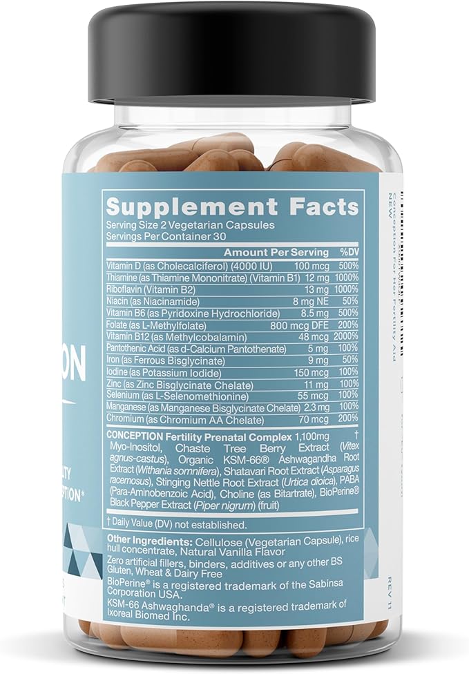 Conception Fertility Supplements for Women – Aids Ovulation, Hormonal Balance, & Regular Cycles – Prenatal Vitamin Support with Myo-Inositol, Folate, Folic Acid, Vitex – 60 Vegetarian Soft Capsules