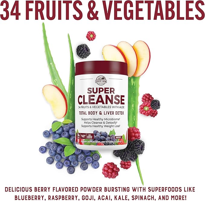 COUNTRY FARMS Super Cleanse, Super Juice Cleanse, Supports Healthy Digestive System, 34 Fruits and Vegetables, Promotes Natural Detoxification, Promote Healthy Weight Management, 28 Servings