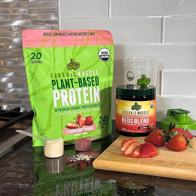 Organic Muscle Vegan Protein Powder - Plant Based Strawberry Multi-Sourced Protein Powder with Pea, Hemp, Brown Rice, Chia Seed & Amino Acids - Low Calorie for Muscle Growth & Speed Recovery