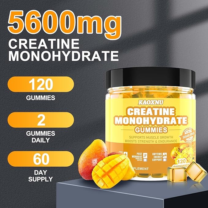 Creatine Monohydrate Gummies 5600mg for Men & Women, 120 CT Chewable Creatine Gummies for Muscle Support, Energy Boost, 5.6g of Creatine Monohydrate per Serving - Sugar Free, Vegan (Mango Flavor)