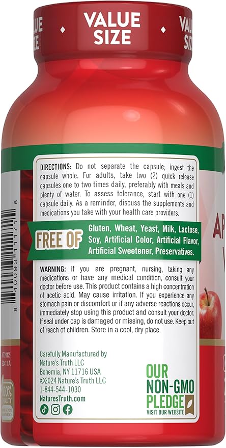 Nature's Truth Apple Cider Vinegar Capsules | 1200mg | 200 Pills | Extra Strength | Value Size | Non-GMO, Gluten Free Supplement