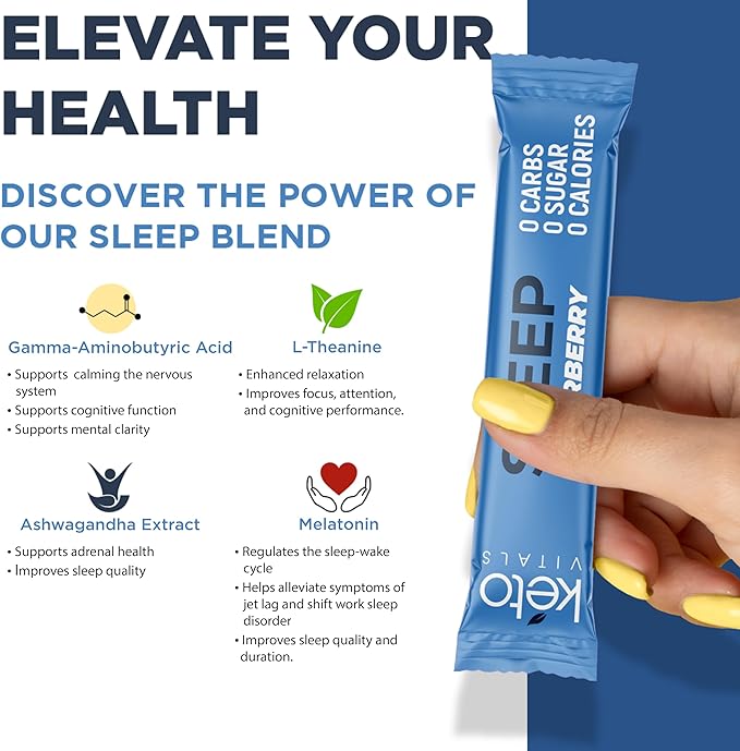 Keto Vitals Sleep Drink Electrolyte Sleep Powder Packets - Fast-Acting Sleep Blend of Melatonin 3mg, GABA, L-Theanine, & Ashwagandha - Elderberry, 30 Count