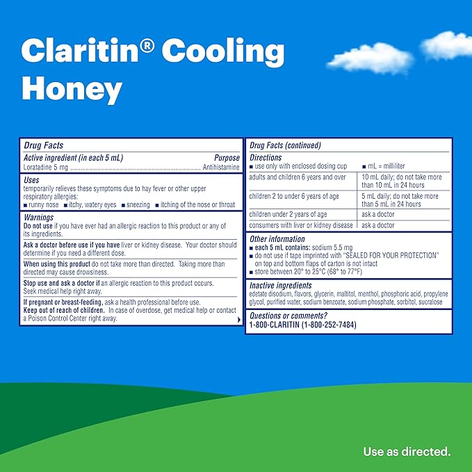 Claritin New Cooling Honey Flavored Liquid, 24hr Non-Drowsy Allergy Medicine for Adults — Instantly Soothing Liquid for Relief of Sneezing, Runny Nose, Watery Eyes and Itchy Throat 8 oz