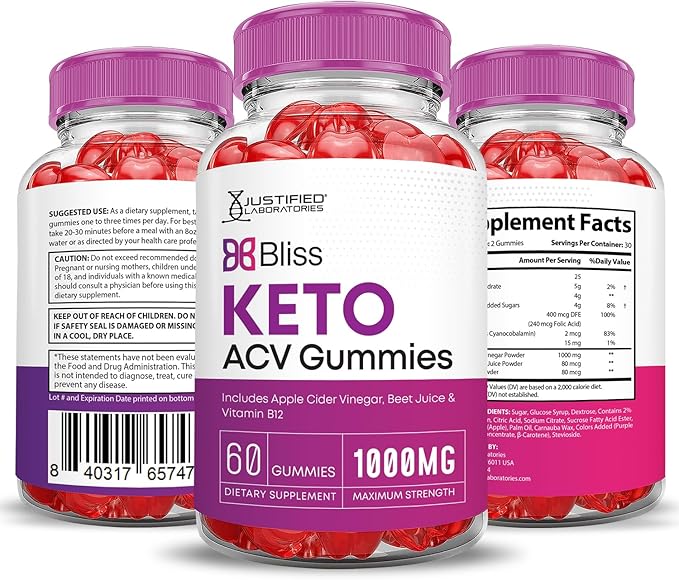 Bliss Keto ACV Gummies Advanced Formula 1000MG Bliss Keto Gummies Apple Cider Vinegar Boost Formulated with Pomegranate Beet Juice Powder B12 Vegan Non GMO 60 Gummys