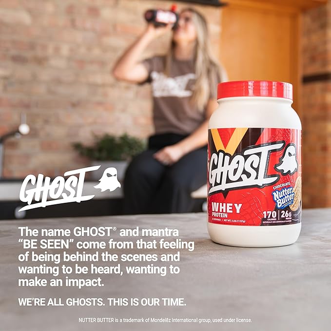 GHOST Whey Protein Powder, Nutter Butter Chocolate - 2LB Tub, 26G of Protein - Chocolate Peanut Butter Cookie Flavored Isolate, Concentrate & Hydrolyzed Whey Protein Blend