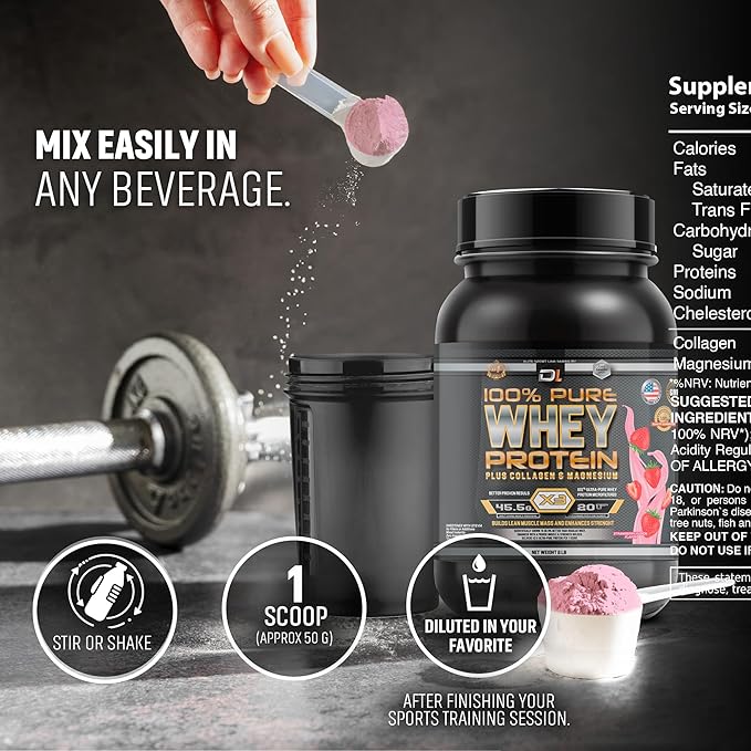 DL 100% Pure Whey Protein + Collagen + Magnesium | 43g. Protein & Essential BCAA´s | Muscle Gain, Recovery & Nutrient delivery | Low Fat Protein | Quik & Easy Mixing | 1 kg (1KG, Strawberry)
