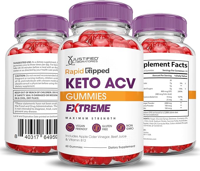 Rapid Ripped Keto ACV Gummies Extreme 2000MG Rapidripped Keto Gummies Apple Cider Vinegar Formulated with Pomegranate Beet Juice Powder B12 Vegan Non GMO 60 Gummys