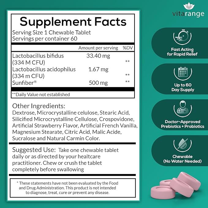 Colon Relief by VitaRange- Fast Constipation and Bloating Relief with Sunfiber Prebiotic Fiber and Pre + Probiotics for Digestive Health - 60 Chewable Strawberry Tablets – Doctor Formulated Probiotics