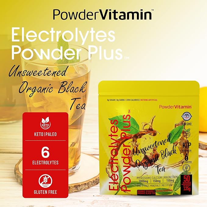 Electrolytes Powder Plus (50 Servings) Unsweetened Black Tea Electrolyte Powder Keto,SugarFree, Pink Himalayan Salt,1000mgPotassium,150mgCalcium,150mgMagnesium,Hydration Powder NO STEVIA
