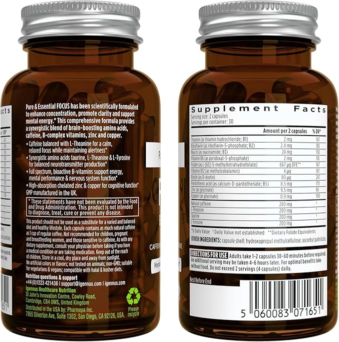 Pure and Essential Focus Comprehensive Nootropic, 200mg Caffeine, L-Theanine, Taurine, L-Tyrosine, B-Vitamins, Non-GMO, Brain Booster and Cognitive Performance, Fast Acting & Non Jittery, 180 Capsules