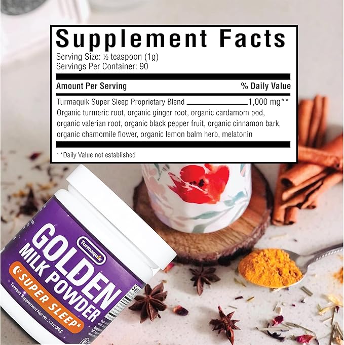 Turmaquik Organic Golden Moon Milk Turmeric Powder Mix, Super Sleep + Superfood Blend of Melatonin, Valerian, Chamomile, Lemon Balm, Ginger, Black Pepper, Curcumin, Cinnamon, Cardamom (3.2 Ounce)