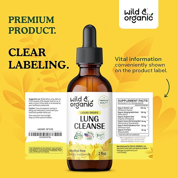 Wild & Organic Lung Cleanse Tincture - Mullein Leaf Extract for Lungs - Herbal Lung Detox Drops - Lung Health Supplements - Vegan, Alcohol Free Drops - 2 fl oz